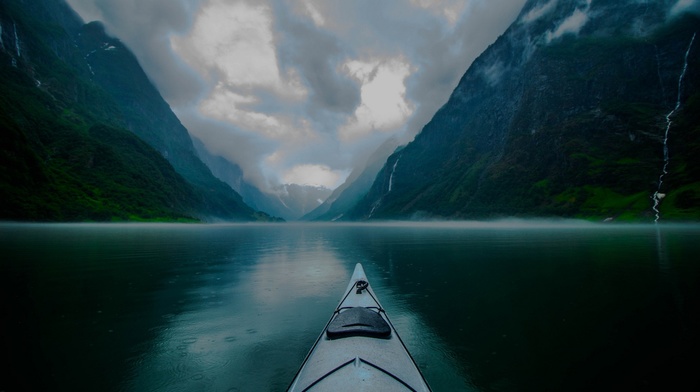 morning, kayaks, nature, fjord, creeks, landscape, blue, mountain, mist, Norway, clouds, rain