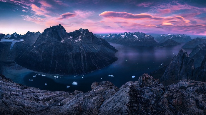 landscape, clouds, mountain, sunset, fjord, rock, Greenland, sky, ice, nature, panoramas