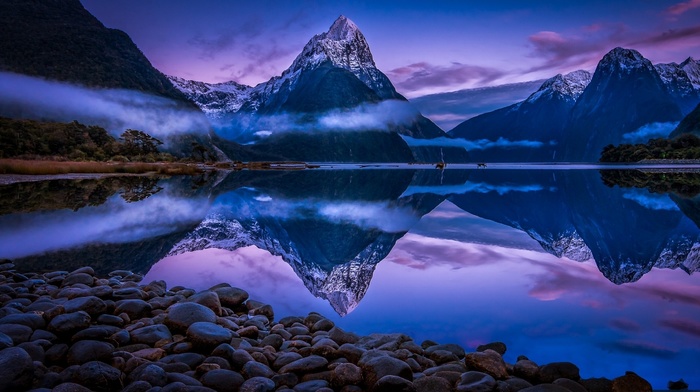 mist, snowy peak, reflection, clouds, morning, blue, mountain, landscape, New Zealand, sunrise, nature, water, fjord, Milford Sound