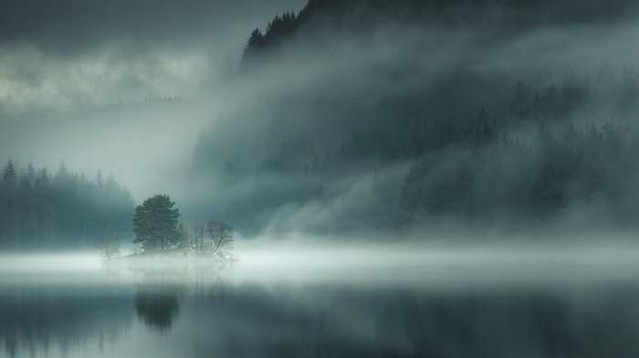 morning, nature, lake, trees, landscape, mist, Scotland, mountain, island, forest