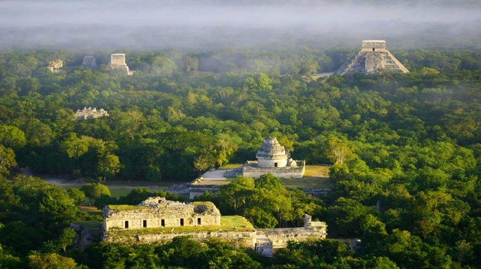 landscape, Chichen Itza, morning, temple, Mexico, nature, aerial view, ruins, mist, tropical forest, archeology, sunlight