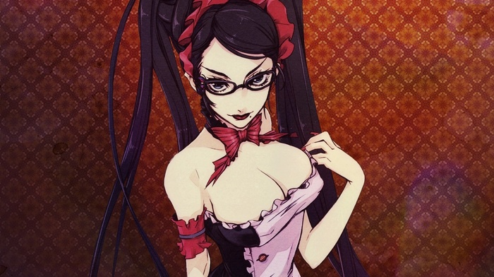 twintails, anime, glasses, cleavage, Bayonetta