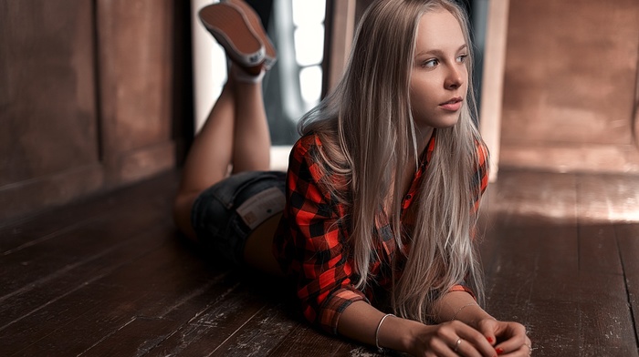 wooden surface, blonde, legs up, Stepan Gladkov, girl, looking away, jean shorts, on the floor