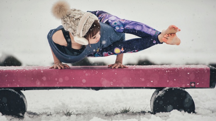 girl, barefoot, Asian, snow, yoga