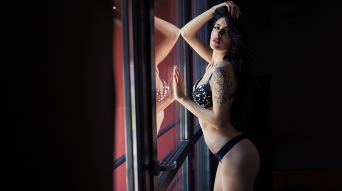 portrait, lingerie, girl, window, Simone Canino, tattoo, ass