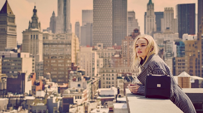 bag, open mouth, urban, girl outdoors, depth of field, windy, coats, skyscraper, building, city, girl, Kate Bosworth, long hair, actress, blonde, rooftops, looking away