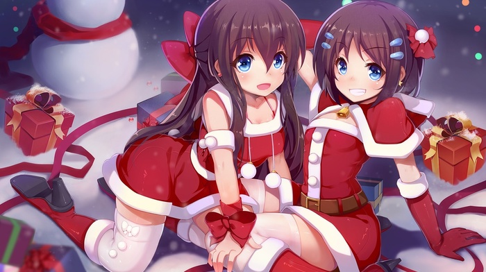 anime girls, original characters, Christmas, snow, Santa costume