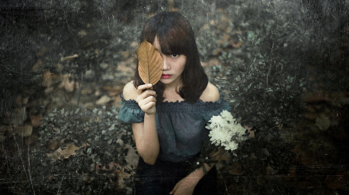 Asian, girl, model, leaves