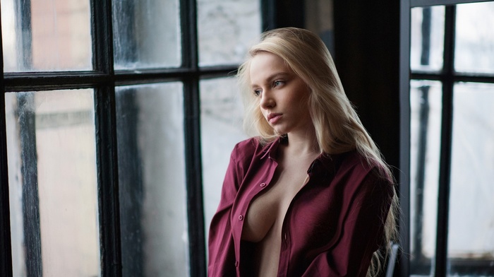 model, blonde, window, Maxim Maksimov, blue eyes, Maria Popova, no bra, girl, shirt