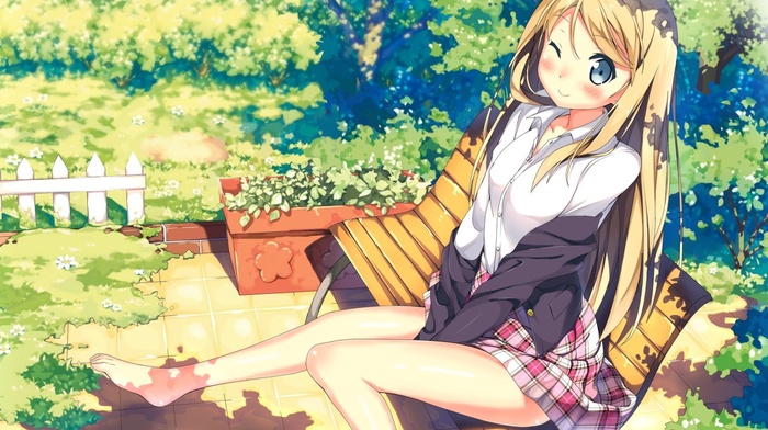 barefoot, original characters, anime girls, Kantoku, ecchi, school uniform