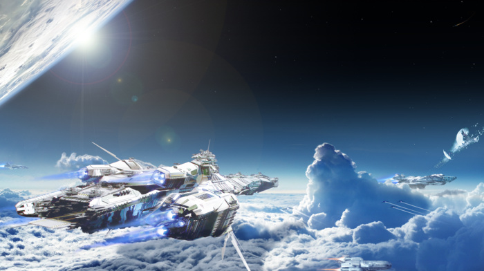 lens flare, space, planet, Star Citizen, Bengal, class Carrier, clouds