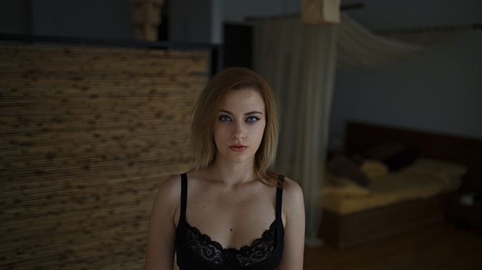 Alexandru Laurus, blonde, portrait, black bras, girl, face
