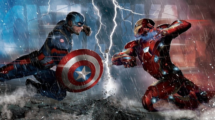 concept art, Captain America Civil War, superhero, Iron Man, artwork, comics, Marvel Comics, lightning, Captain America