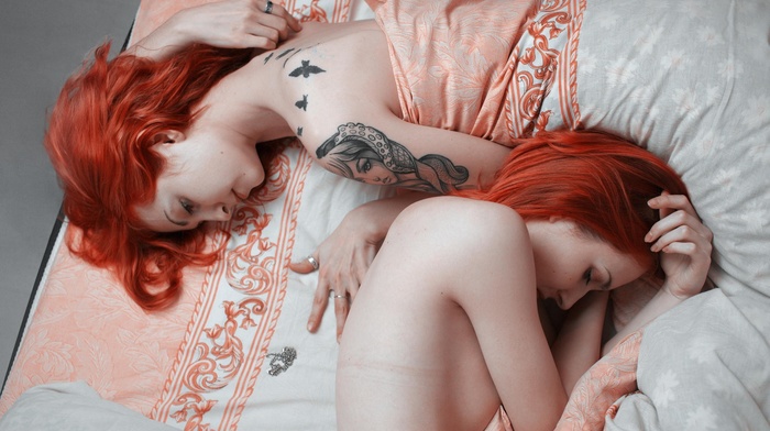 bed, girl, readhead, model, tattoos