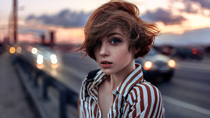 Olya Pushkina, girl, depth of field, Georgiy Chernyadyev, portrait, windy, brunette, blue eyes, short hair, shirt