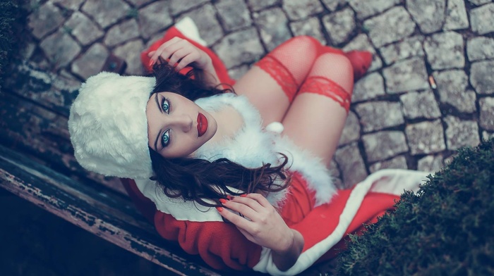 red lipstick, girl, brunette, Santa costume, stockings, Ana de Carvalho, blue eyes