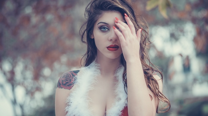 Ana de Carvalho, blue eyes, girl, cleavage, tattoo, Santa costume, brunette, red lipstick