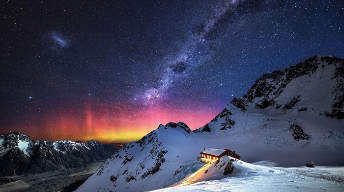 mountain, nature, landscape, Milky Way, stars, snow