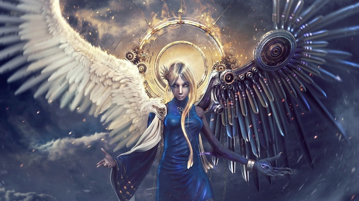 long hair, digital art, corruption, angel, wings