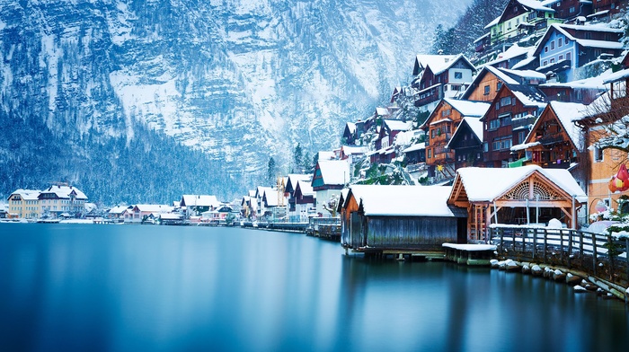 water, photography, winter, lake, house, Hallstatt, mountain, landscape, nature