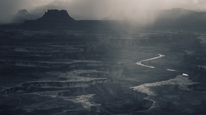 river, nature, rain, dark, sunlight, mist, mountain, Canyonlands National Park, Utah, erosion, landscape
