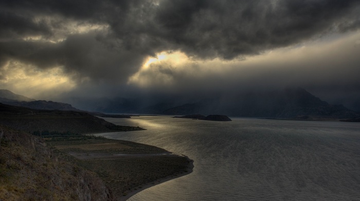 landscape, nature, storm, mist, mountain, lake, Chile, sunlight, dark, clouds