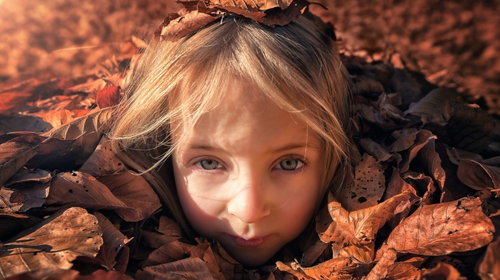 dry, children, blue eyes, leaves, blonde
