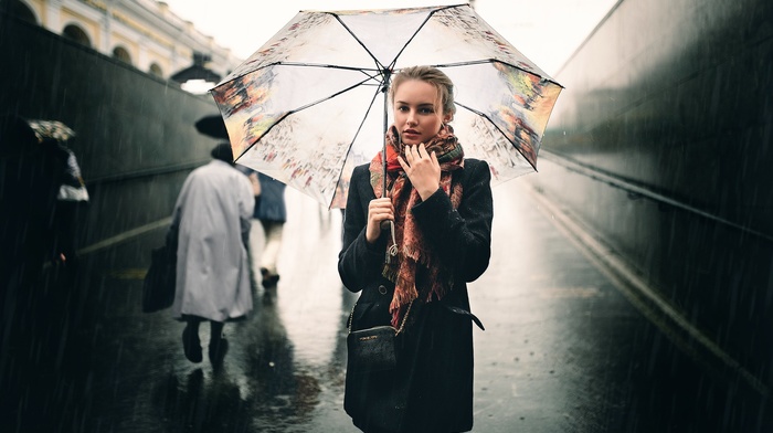 umbrella, girl, rain, blonde