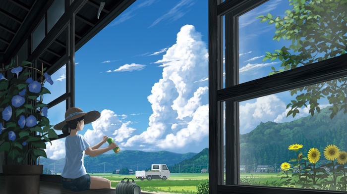 Truck, flowers, anime girls, original characters, clouds