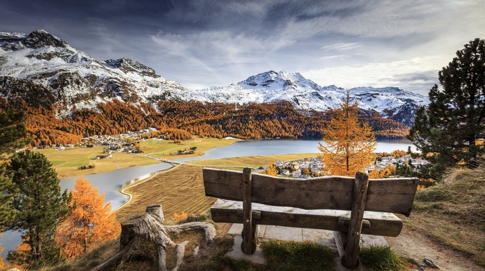 landscape, bench, mountain