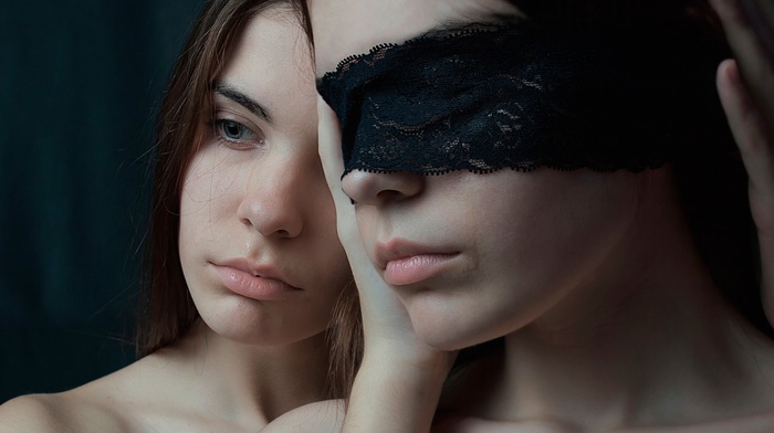 model, twins, face, crying, girl, tears, blindfold