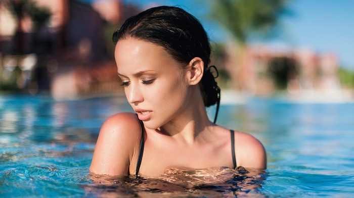 model, Angelina Petrova, face, wet body, girl, wet hair, portrait, closed eyes, swimming pool