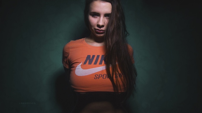 stripping, girl, Nike, simple background, portrait