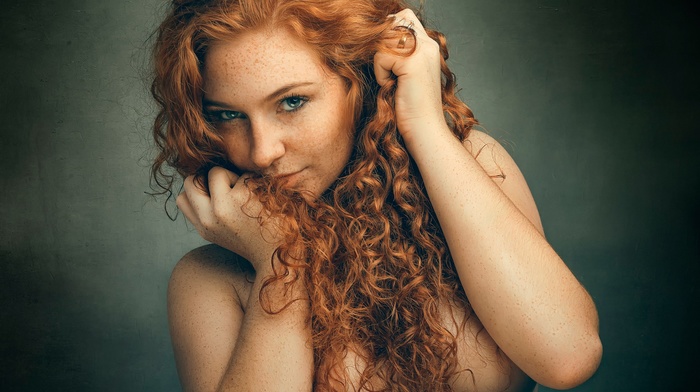 redhead, face, strategic covering, freckles, model, girl, curly hair