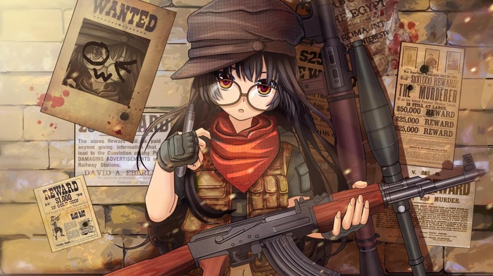 anime, AK, 47, weapon, anime girls, glasses, gun, rifles, girl with guns, gloves, original characters