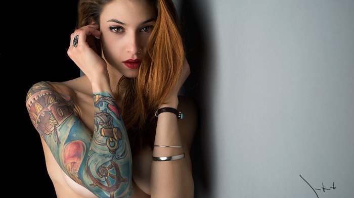 tattoo, walls, nose rings, Juan Renart, girl, nude, strategic covering