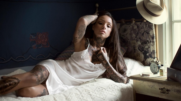 tattoos, hat, girl, model, bed