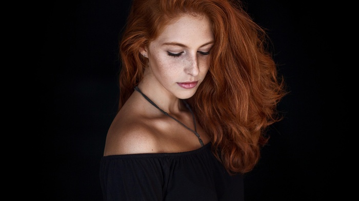 freckles, simple background, girl, portrait, black clothing, bare shoulders, closed eyes, redhead