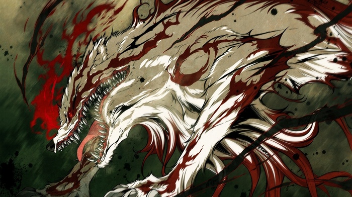 anime, blood, teeth, Kajiri Kamui Kagura, wolves