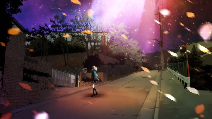 street, the melancholy of haruhi suzumiya, night, anime, school uniform, anime girls, nagato yuki