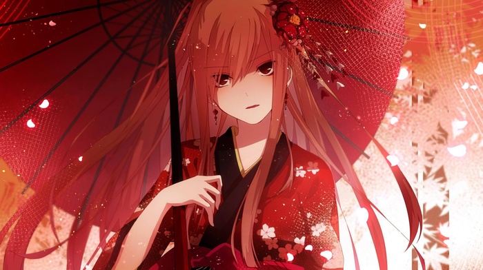 umbrella, kimono, original characters, flowers, anime girls