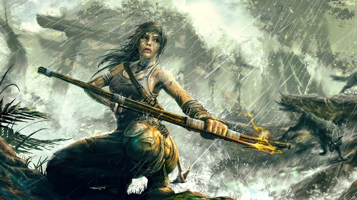 fire fighter, nature, bows, girl, Lara Croft, fantasy art, PC gaming, rain
