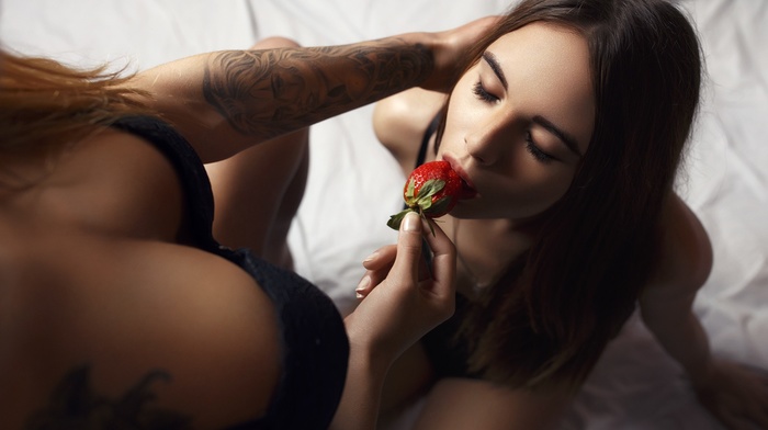 in bed, Ura Pechen, black lingerie, phallic symbol, blonde, innuendo, strawberries, closed eyes, tattoo, lesbians, girl