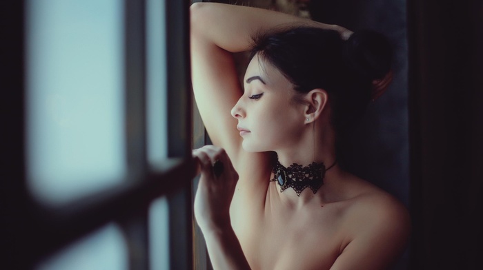 closed eyes, Vita, model, necklace, window, girl, portrait, armpits