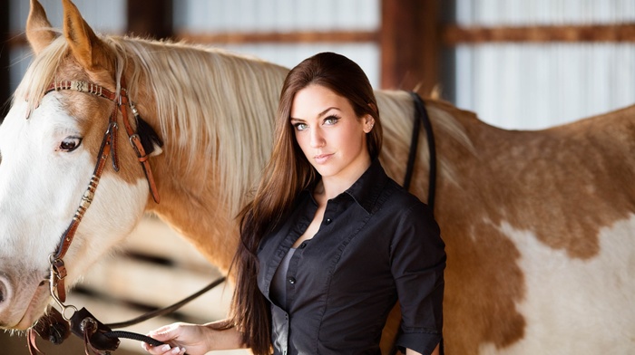 shirt, long hair, model, nose rings, girl, portrait, animals, equine, horse