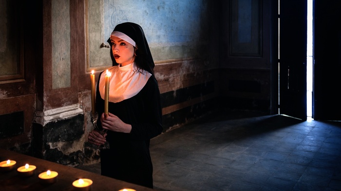 model, nuns, candles, girl