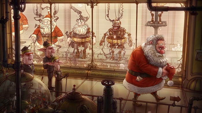 factory, Santa Claus, digital art, Santa costume, robot, santa