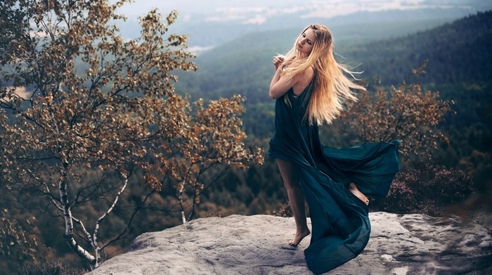 closed eyes, landscape, fall, forest, long hair, dress, girl outdoors, trees, rock, blonde, windy, girl, model, nature, barefoot, leaves, bare shoulders