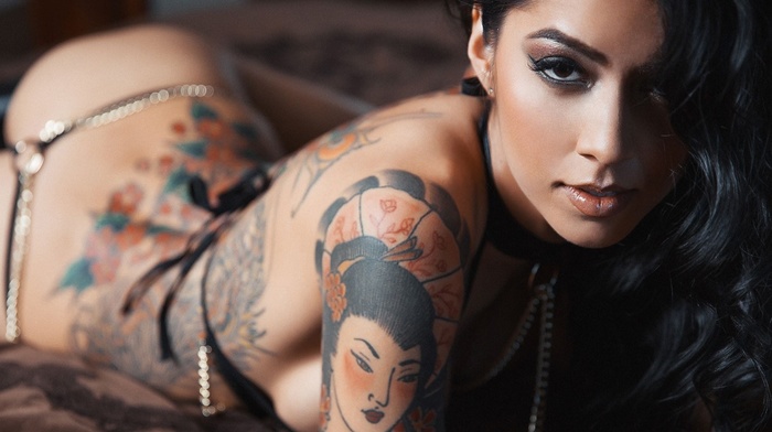 girl, brunette, tattoo