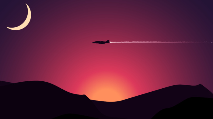 aircraft, sunset, minimalism, moon, digital art, mountain